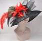 Black Sinamay Kentucky Derby Hat: Red Feather Flowers, Peacock Feathers
