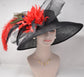Black Sinamay Kentucky Derby Hat: Red Feather Flowers, Peacock Feathers