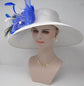 Church Kentucky Derby HatCarriage Tea Party Wedding Wide Brim  Royal Ascot Hat in Solid Sinamay Hat White w Royal Blue