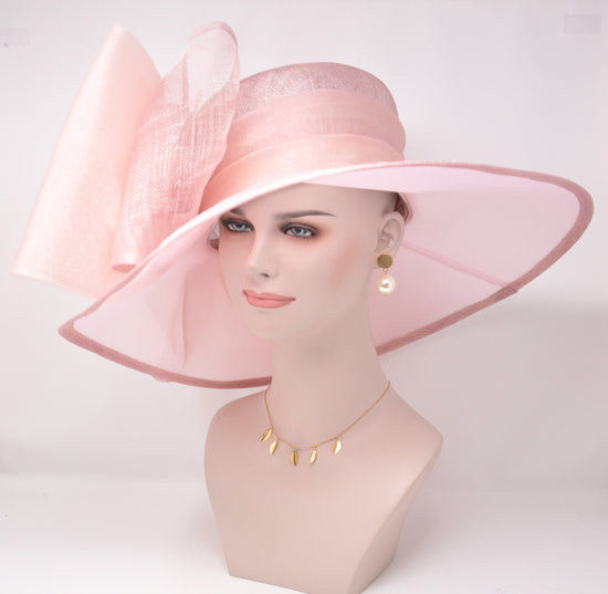 Blush Pink Derby Hat: Sinamay & Organza Wide Brim Ascot Hat