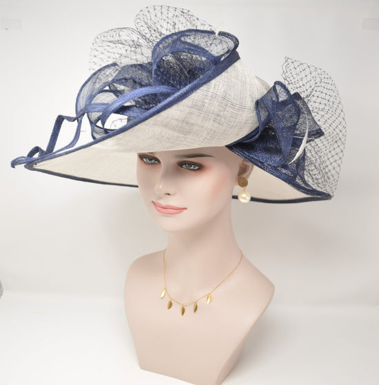 White & Navy Sinamay Derby Hat: Wide Brim Kentucky Tea Party
