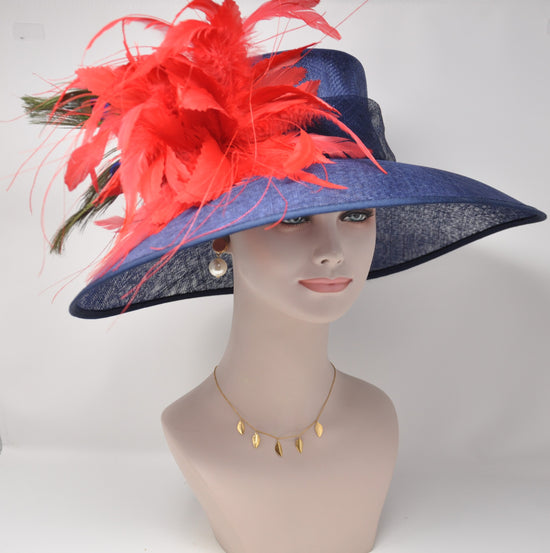 Navy Sinamay Derby Hat: Red Feather Flowers, Wide Brim Ascot Hat