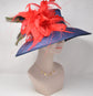 Navy Sinamay Derby Hat: Red Feather Flowers, Wide Brim Ascot Hat