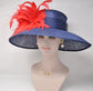 Navy Sinamay Derby Hat: Red Feather Flowers, Wide Brim Ascot Hat