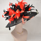 Sinamay Derby Hat: Black Wide Brim with Red Goose Flowers