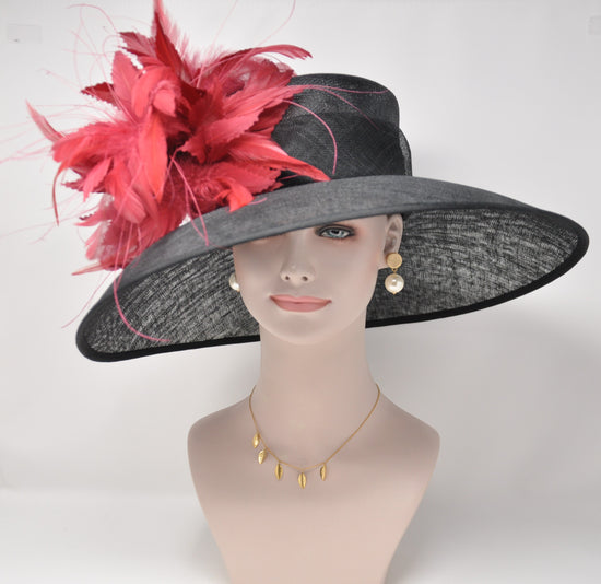 Sinamay Derby Hat: Black Wide Brim with Burgundy Flowers