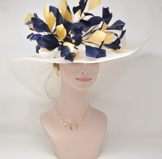 White Sinamay Derby Hat: Navy Blue & Gold Feather Flower