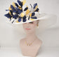 White Sinamay Kentucky Derby Hat: Navy Blue & Gold Feather Flower