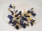 White Sinamay Kentucky Derby Hat: Navy Blue & Gold Feather Flower