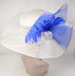 White Sinamay Derby Hat: Royal Blue Feather Flower