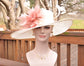 Off White/ Ivory Hat W Dusty Pink Feather Flower  Kentucky Derby,Tea Party Carriage Party  Royal AscotWide Brim