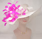 White Sinamay Derby Hat: Hot Pink Feather Flower Wide Brim