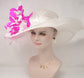 White Sinamay Derby Hat: Hot Pink Feather Flower Wide Brim