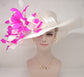 White Sinamay Derby Hat: Hot Pink Feather Flower Wide Brim