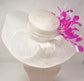White Sinamay Derby Hat: Hot Pink Feather Flower Wide Brim