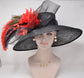 Black Sinamay Kentucky Derby Hat: Red Feather Flowers, Peacock Feathers