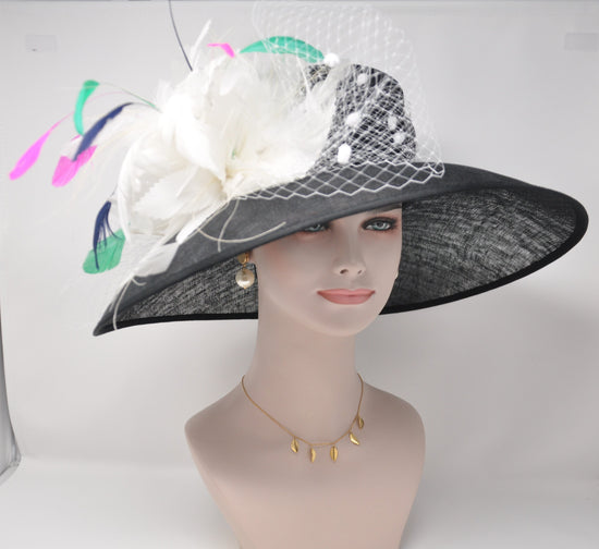 Wide Brim Sinamay Derby Hat: Black Feather Flower Tea Party Hat