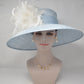 Powder Blue Ivory Feather Flower Wide Brim Kentucky Derby Hat,Ascot Hat for Wedding Tea Party, Garden Party Hat, Mother of the Bride, Church