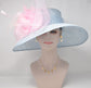 Powder Blue Sinamay Derby Hat: Pink Feather Wide Brim Ascot Hat