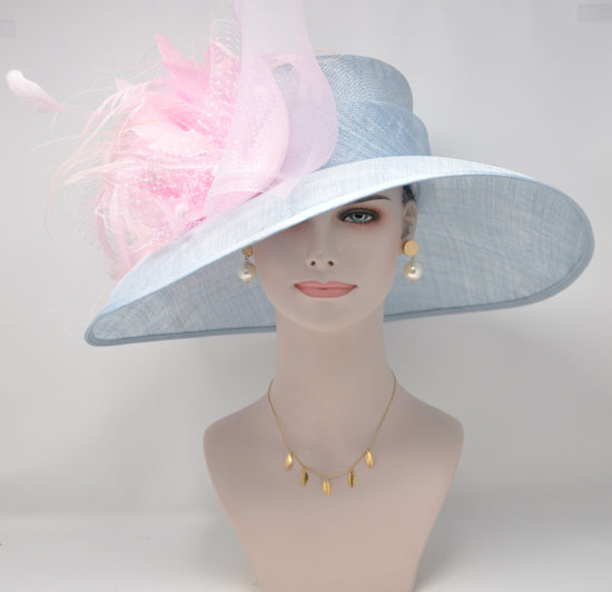Powder Blue Sinamay Derby Hat: Pink Feather Wide Brim Ascot Hat
