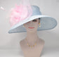 Powder Blue Sinamay Derby Hat: Pink Feather Wide Brim Ascot Hat