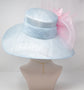 Powder Blue Sinamay Derby Hat: Pink Feather Wide Brim Ascot Hat