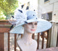 Powder Blue Sinamay Kentucky Derby Hat: Wide Brim Feather Ascot Hat