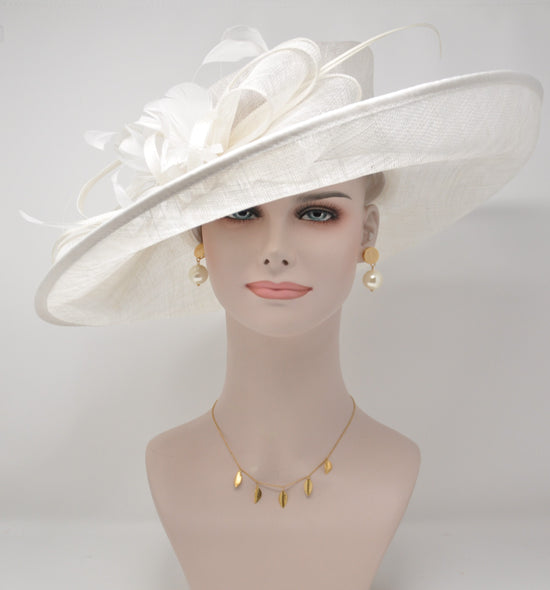 White Sinamay Kentucky Derby Hat: Wide Brim Feathered Ascot Hat