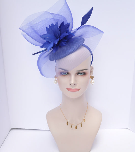 DerbyWedding Feather Floral Organza w Sinamay Headband Fascinator Hat Cocktail Royal Blue