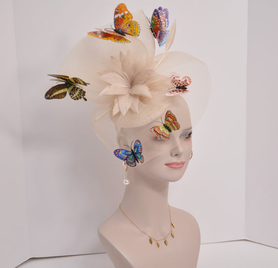 Kentucky Derby Feather Fascinator Hat: Floral Organza & Butterfly Headband