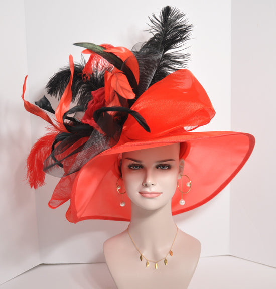 Red Derby Hat: Wide Brim Ostrich Feather Ascot Hat