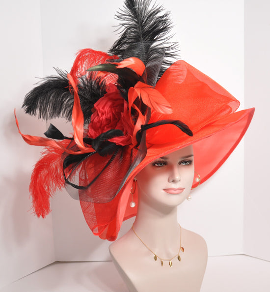 Red Kentucky Derby Hat: Wide Brim Ostrich Feather Ascot Hat