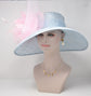 Powder Blue Sinamay Derby Hat: Pink Feather Wide Brim Ascot Hat
