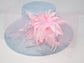 Powder Blue Sinamay Derby Hat: Pink Feather Wide Brim Ascot Hat
