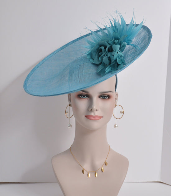 Aqua  Sinamay Disc Fascinator Hat with Same Color  Handmade Silk Flowers and Feathers