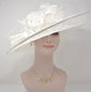 White Sinamay Kentucky Derby Hat: Wide Brim Feathered Ascot Hat