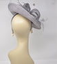 Gray Sinamay Fascinator Hat: Feather & Net Derby Hat