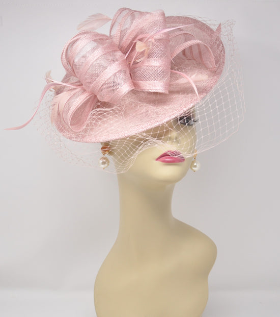Blush Pink Sinamay Fascinator: Kentucky Derby Hat with Feathers & Netting