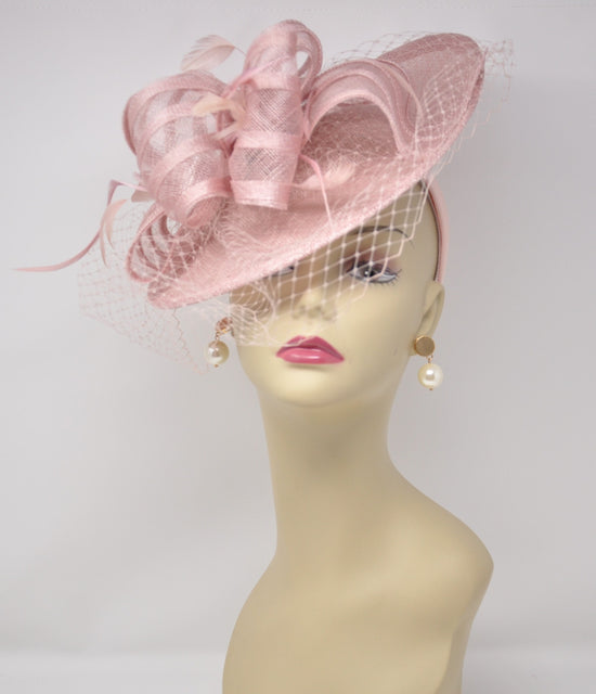Blush Pink Sinamay Fascinator: Derby Hat with Feathers & Netting