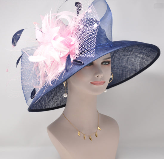 Navy Blue Kentucky Derby Hat: Feather Flower Tea Party Hat