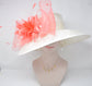 Sinamay Derby Hat: Ivory Wide Brim with Coral Feather Flowers