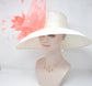 Sinamay Derby Hat: Ivory Wide Brim with Coral Feather Flowers