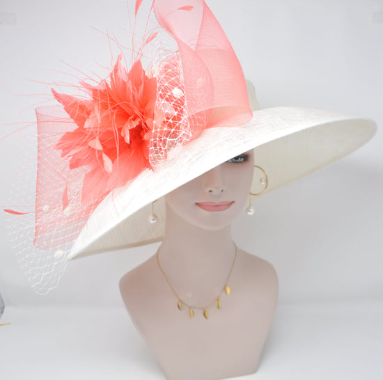 Sinamay Derby Hat: Ivory Wide Brim with Coral Feather Flowers
