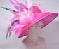 Hot Pink Sinamay Derby Hat: Feather Flower Wide Brim Ascot Fascinator