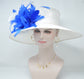 Sinamay Derby Hat: White Wide Brim with Royal Blue Feathers