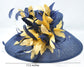 Navy Sinamay Derby Hat: Gold Feather Flowers, Wide Brim