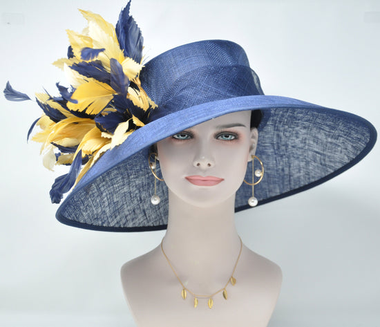 Navy Sinamay Derby Hat: Gold Feather Flowers, Wide Brim