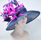 Navy Sinamay Derby Hat: Hot Pink Feather Flowers, Wide Brim