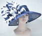 Navy Blue Sinamay Derby Hat: Feather Flowers, Wide Brim