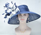 Navy Blue Sinamay Derby Hat: Feather Flowers, Wide Brim